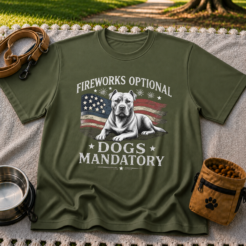 a pit bull beside “Fireworks optional, dogs mandatory”. On a Military Green T-shirt.