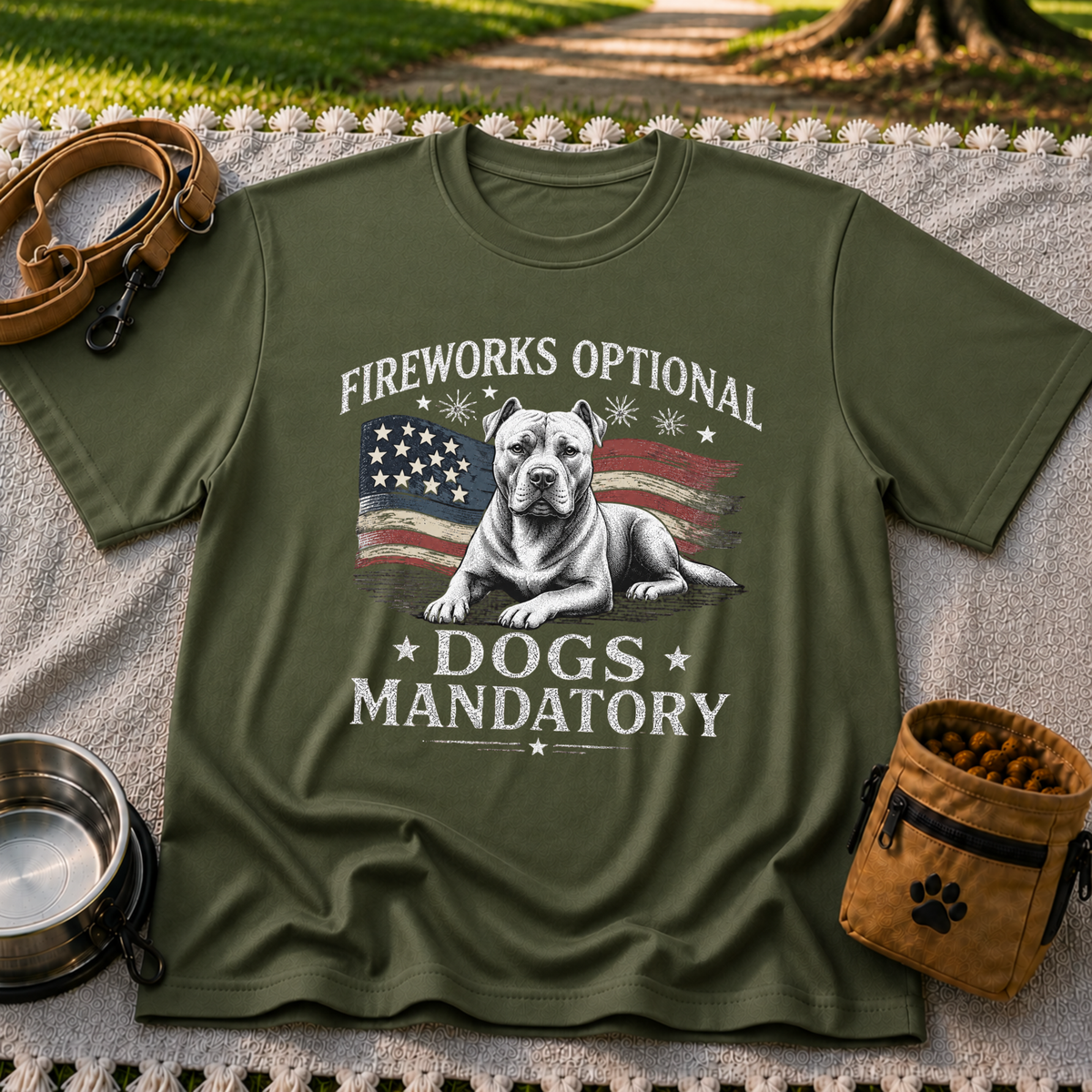 a pit bull beside “Fireworks optional, dogs mandatory”. On a Military Green T-shirt.