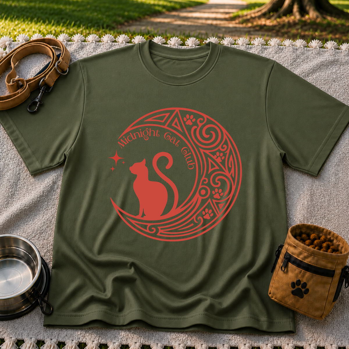 Midnight Cat Club Moon artwork on a Military Green T-shirt.