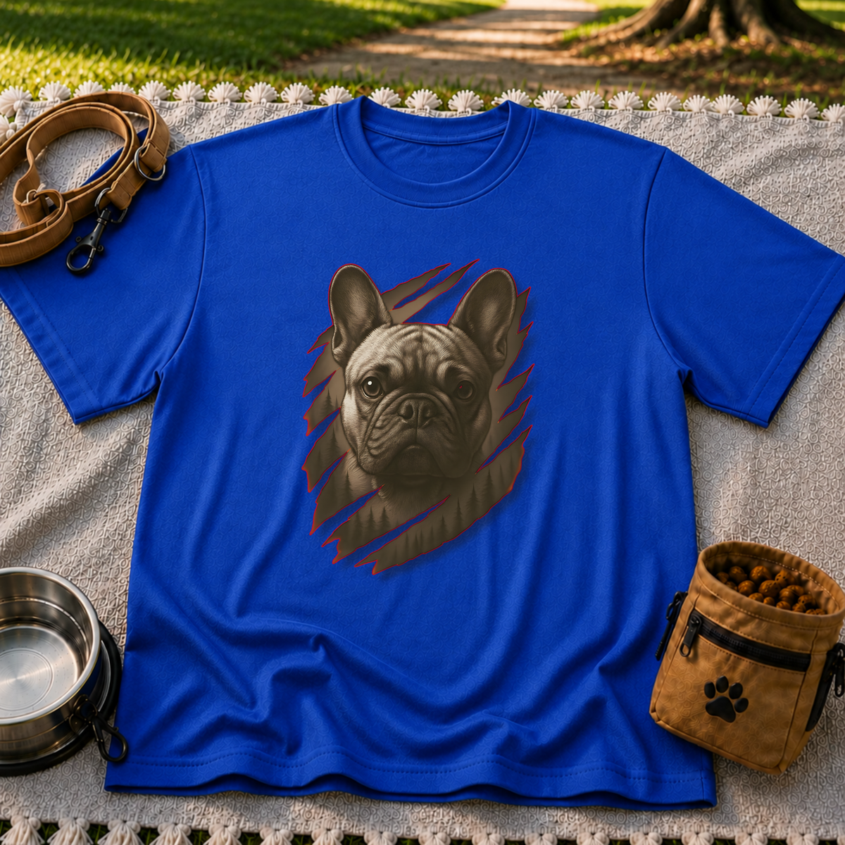 French Bulldog Claw Rip Portrait artwork on a Royal T-shirt.
