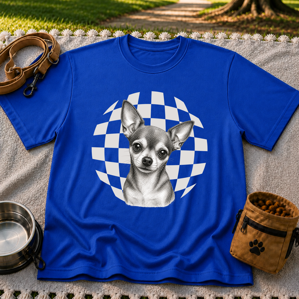 Sweet Chihuahua Portrait artwork on a Royal T-shirt.