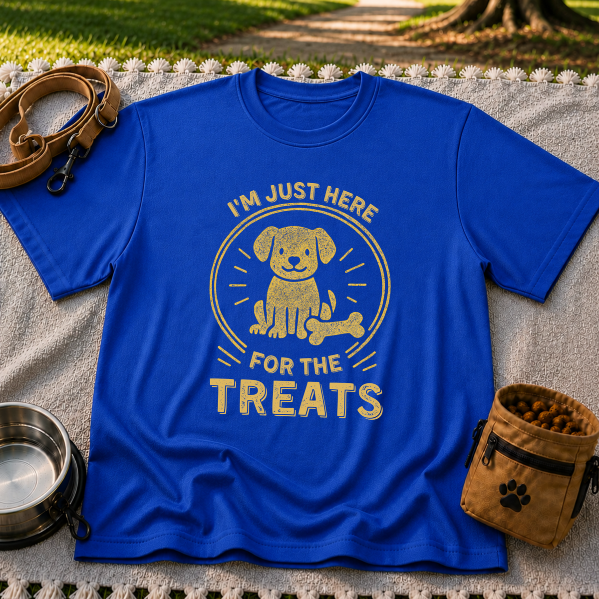 I'm Just Here for the Treats design on a Royal T-shirt.