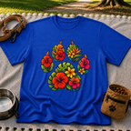 Tropical Floral Paw Print design on a Royal T-shirt.