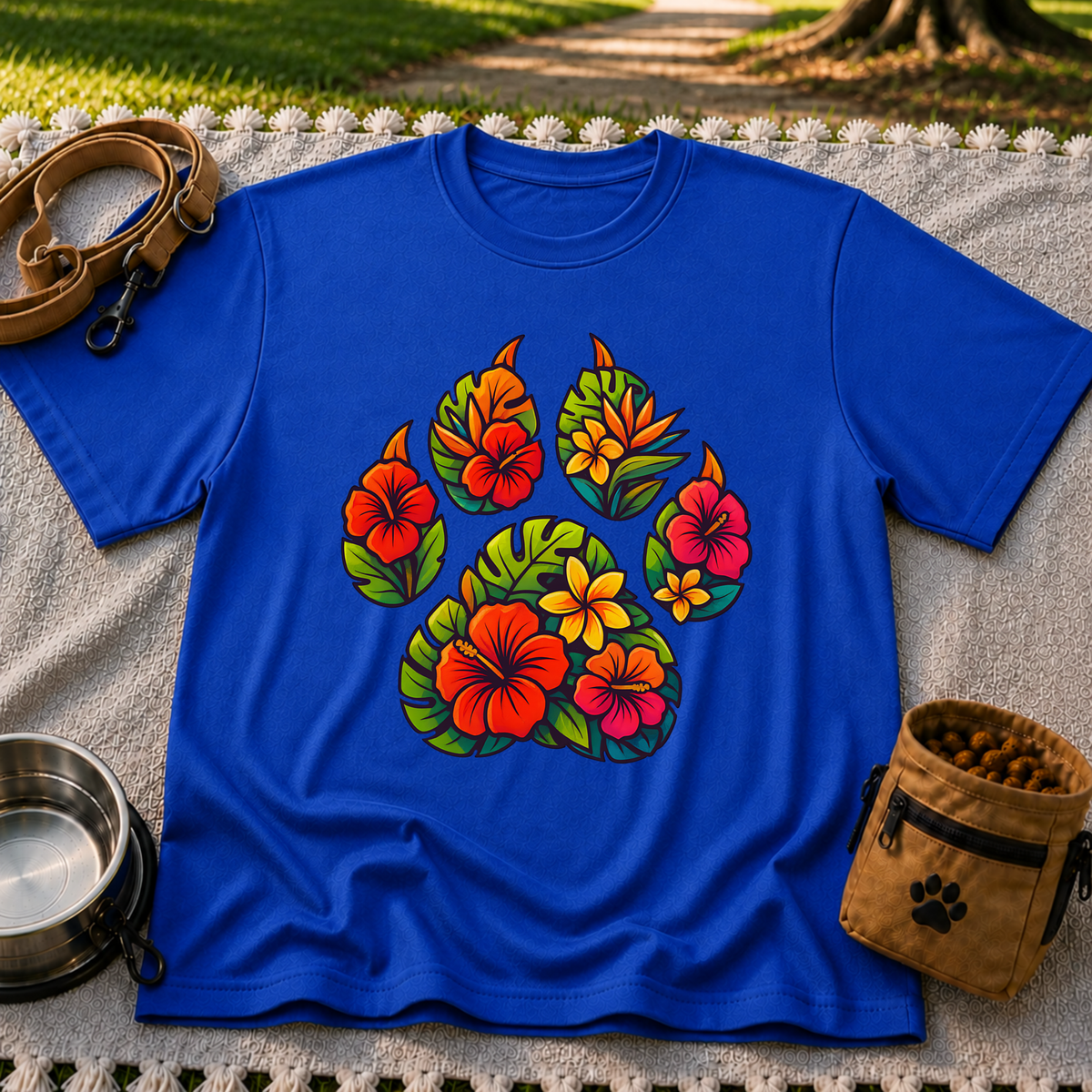Tropical Floral Paw Print design on a Royal T-shirt.
