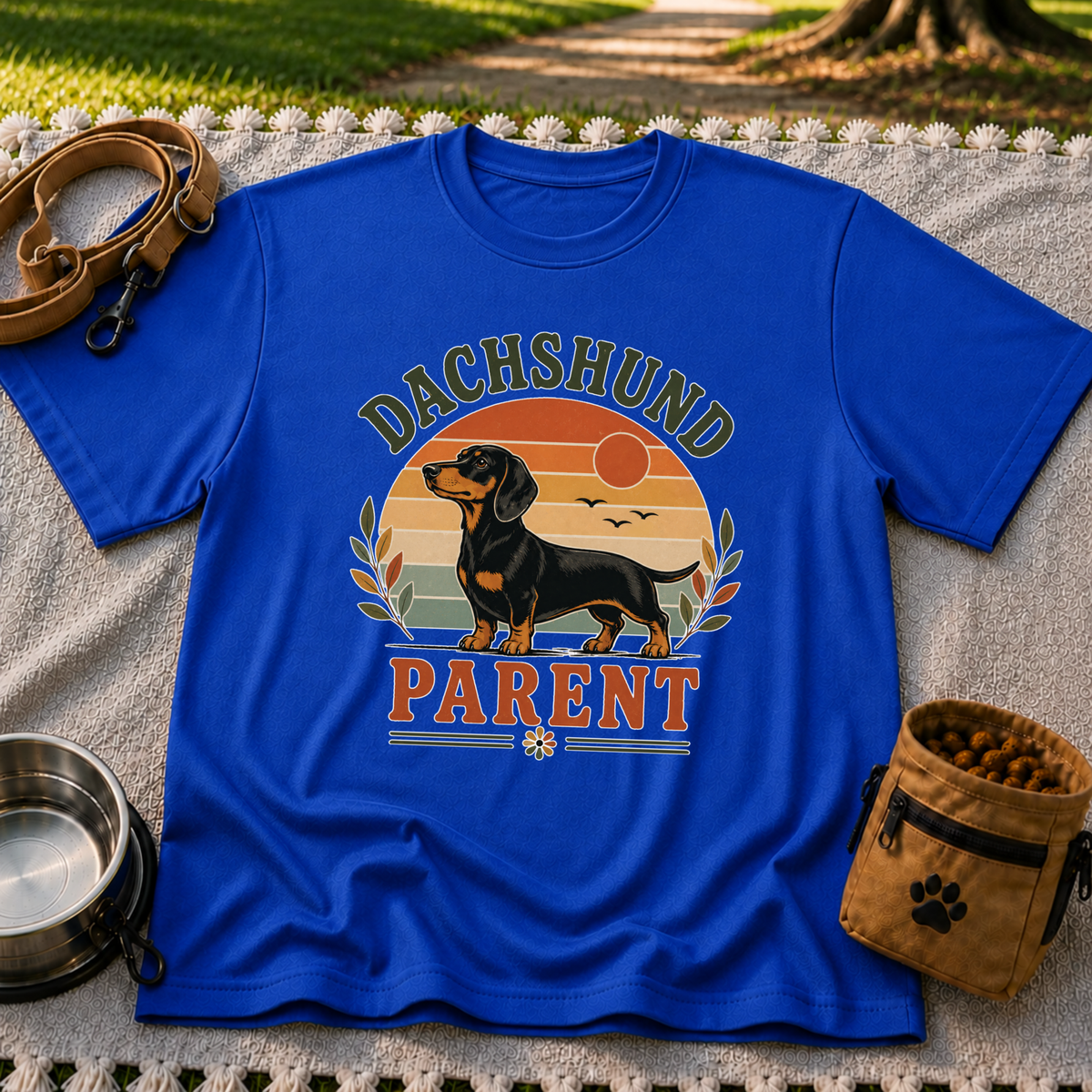 Royal T-shirt mockup featuring dachshund portrait in a striped sunset badge with Dachshund Parent lettering.