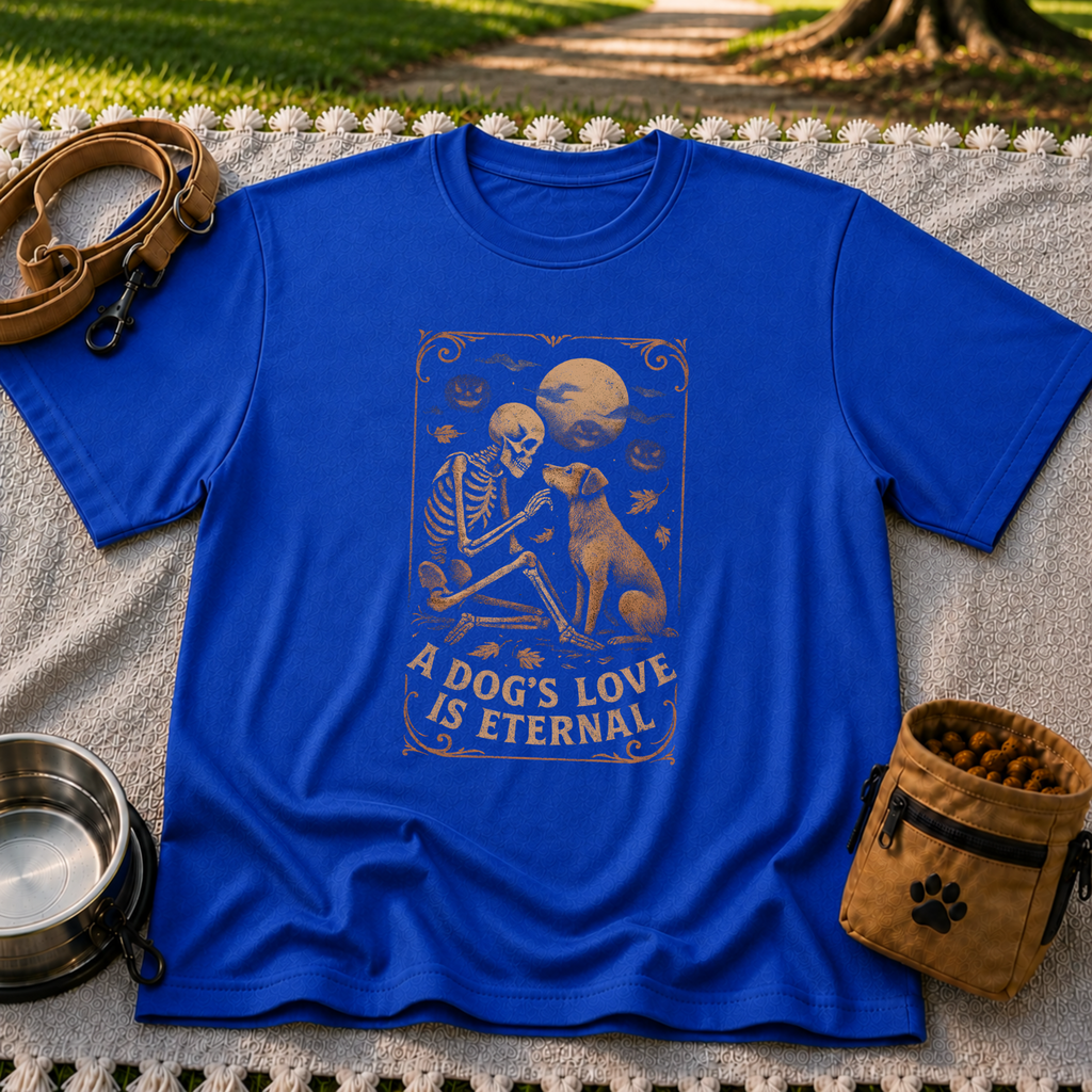 Royal T-shirt mockup featuring a seated dog and skeleton beneath moons and planets with A Dog’s Love Is Eternal.