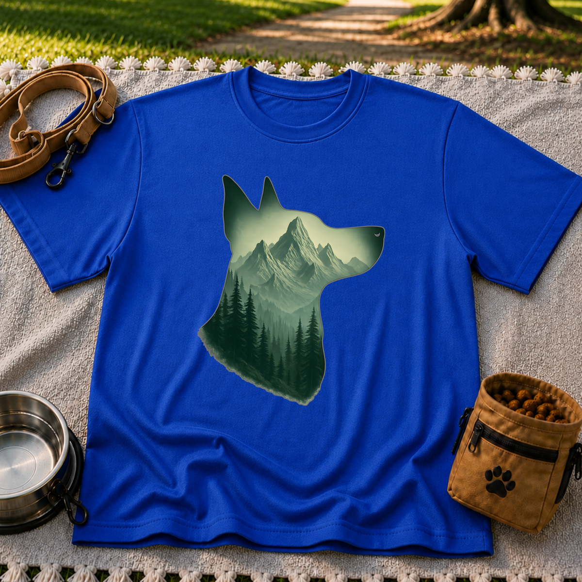 Mountain Dog Wilderness artwork on a Royal T-shirt.