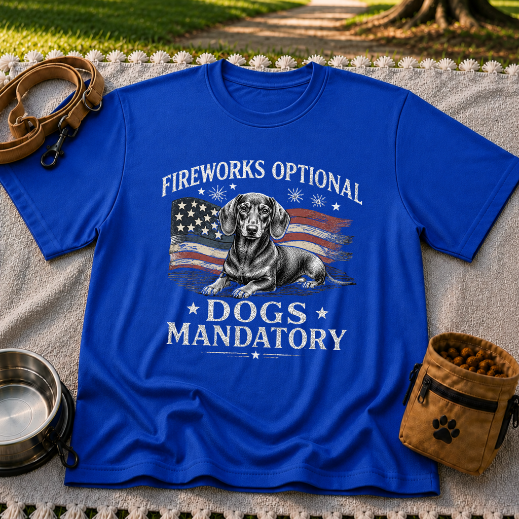 a Dachshund beside “Fireworks optional, dogs mandatory”. On a Royal T-shirt.