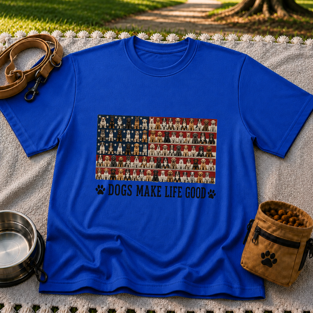 Royal T-shirt mockup featuring rows of dog portraits over an American flag with Dogs Make Life Good lettering.
