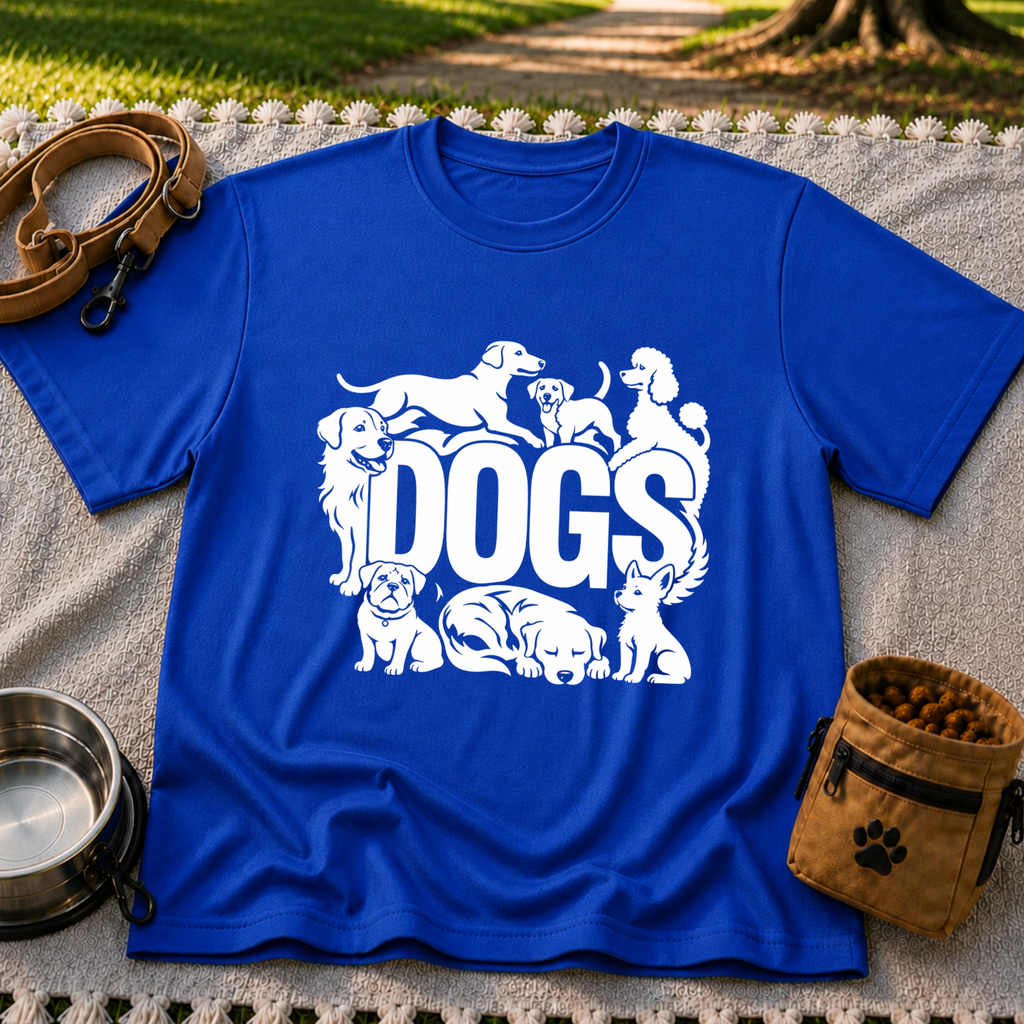 the word “Dogs” surrounded by several dog portraits. On a Royal T-shirt.