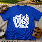 the word “Dogs” surrounded by several dog portraits. On a Royal T-shirt.