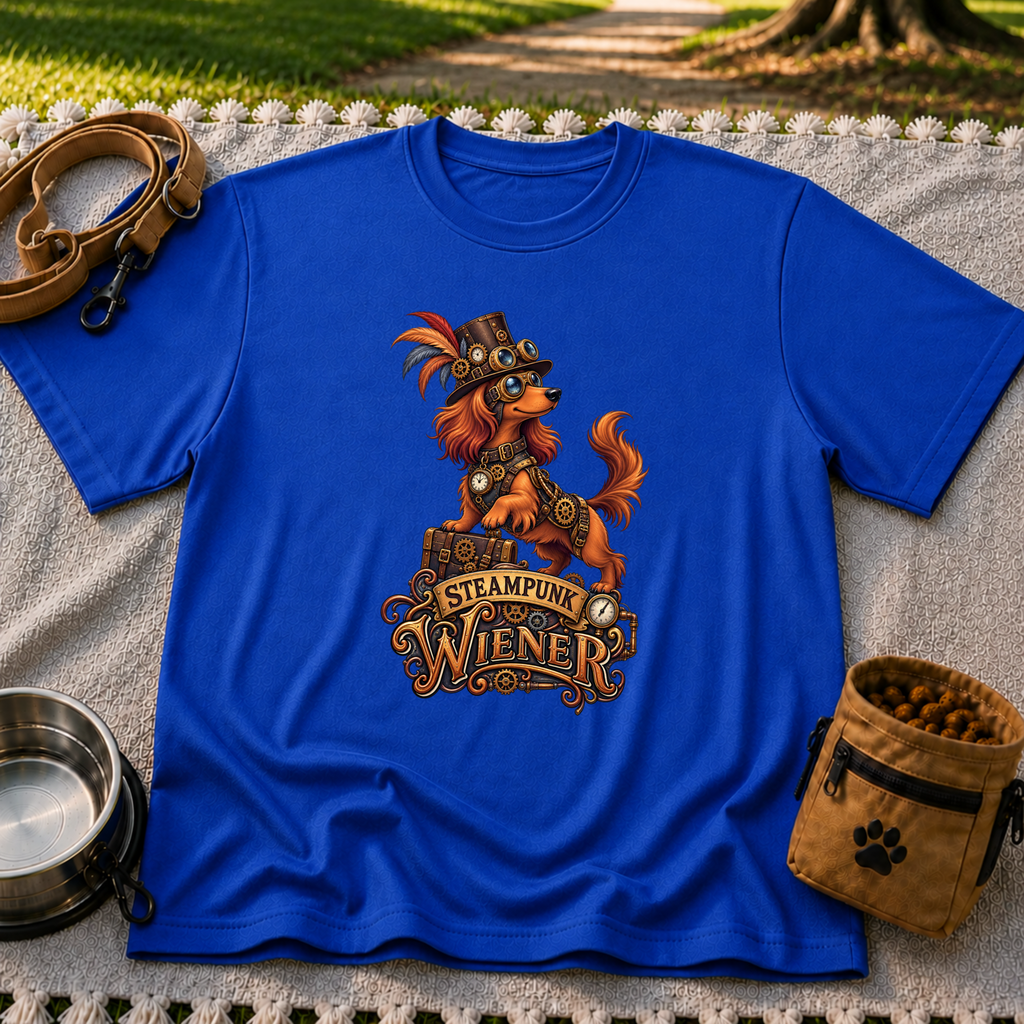 Steampunk Wiener Dog design on a Royal T-shirt.