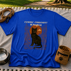Black cat, moonlike circle and surrounding stars on a Royal T-shirt.