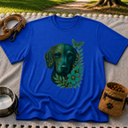 Royal T-shirt mockup featuring teal dog portrait with golden circuit lines, leaves, and a butterfly.