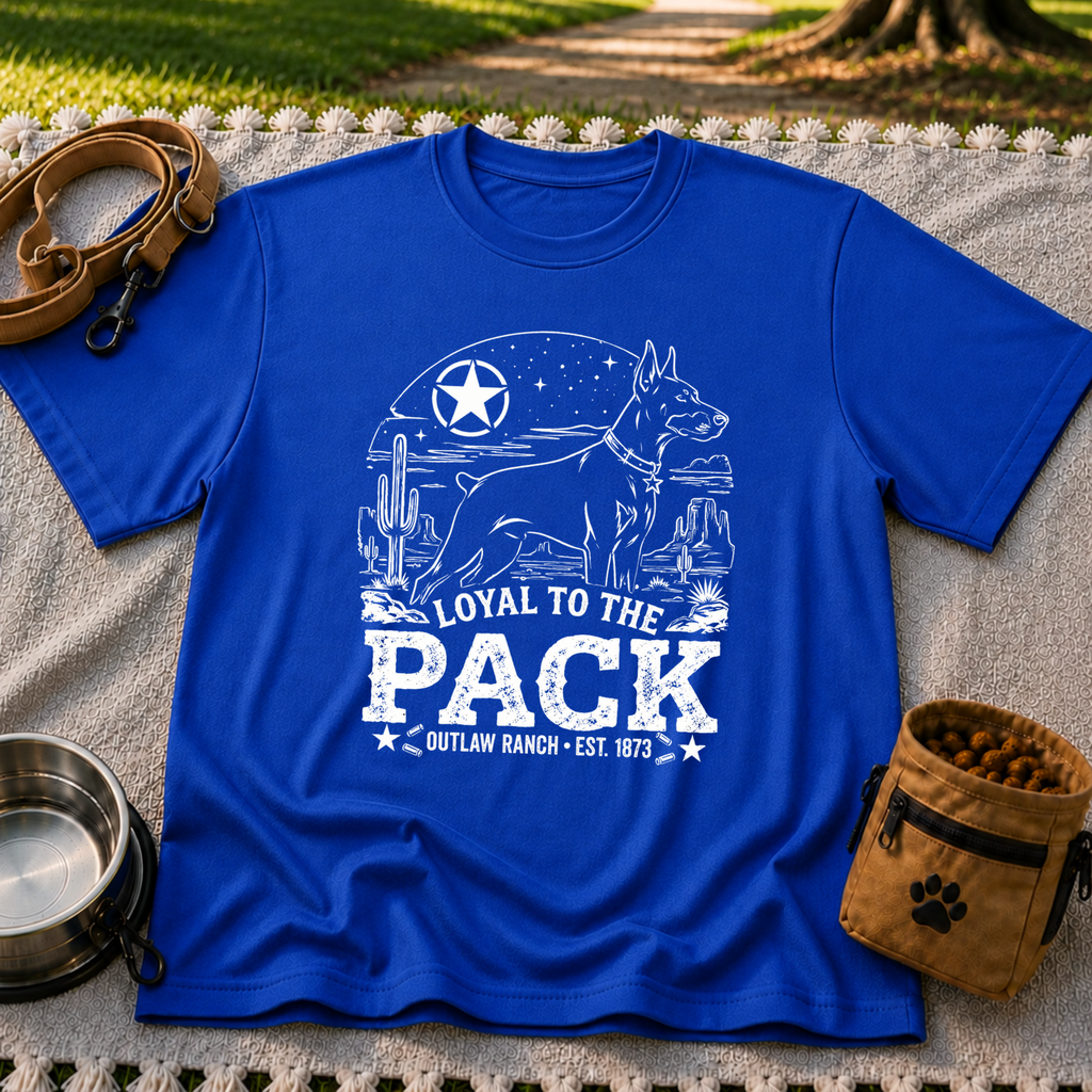 a ranch dog inside a “Loyal to the Pack” western badge. On a Royal T-shirt.