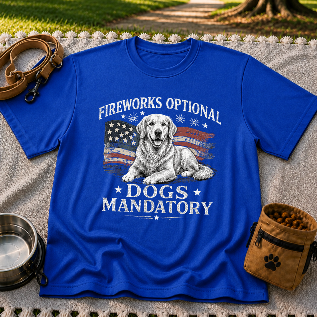 a Golden Retriever beside “Fireworks optional, dogs mandatory”. On a Royal T-shirt.