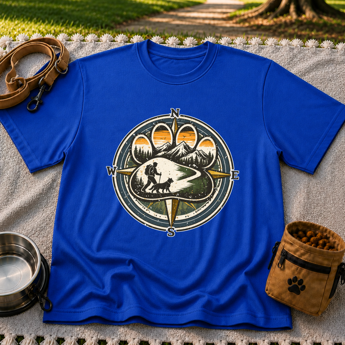 Royal T-shirt mockup featuring compass rose framing a hiker and dog on a mountain trail.