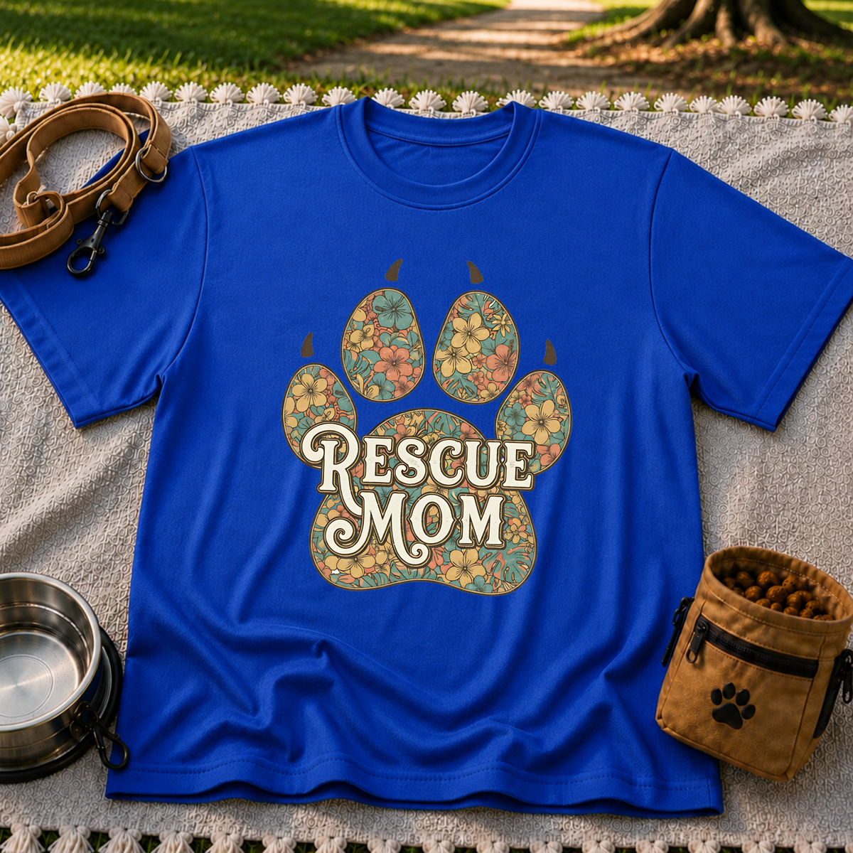 Rescue Mom Floral Paw Print design on a Royal T-shirt.