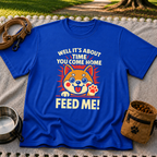 Shiba Inu Feed Me artwork on a Royal T-shirt.