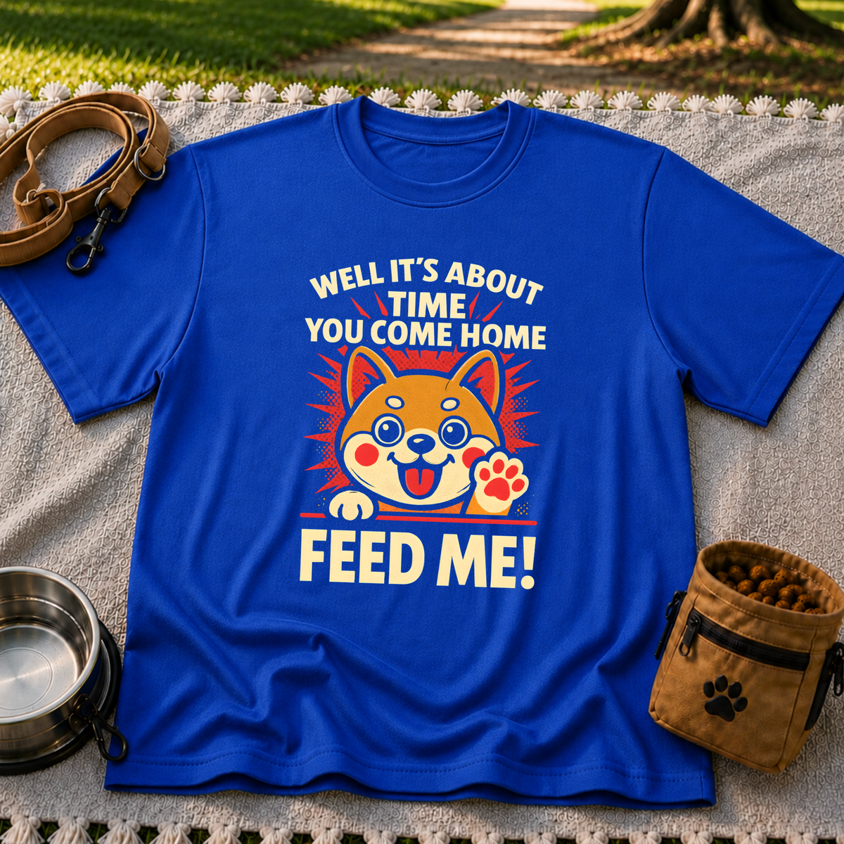 Shiba Inu Feed Me artwork on a Royal T-shirt.