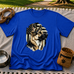 German Shepherd American Flag design on a Royal T-shirt.
