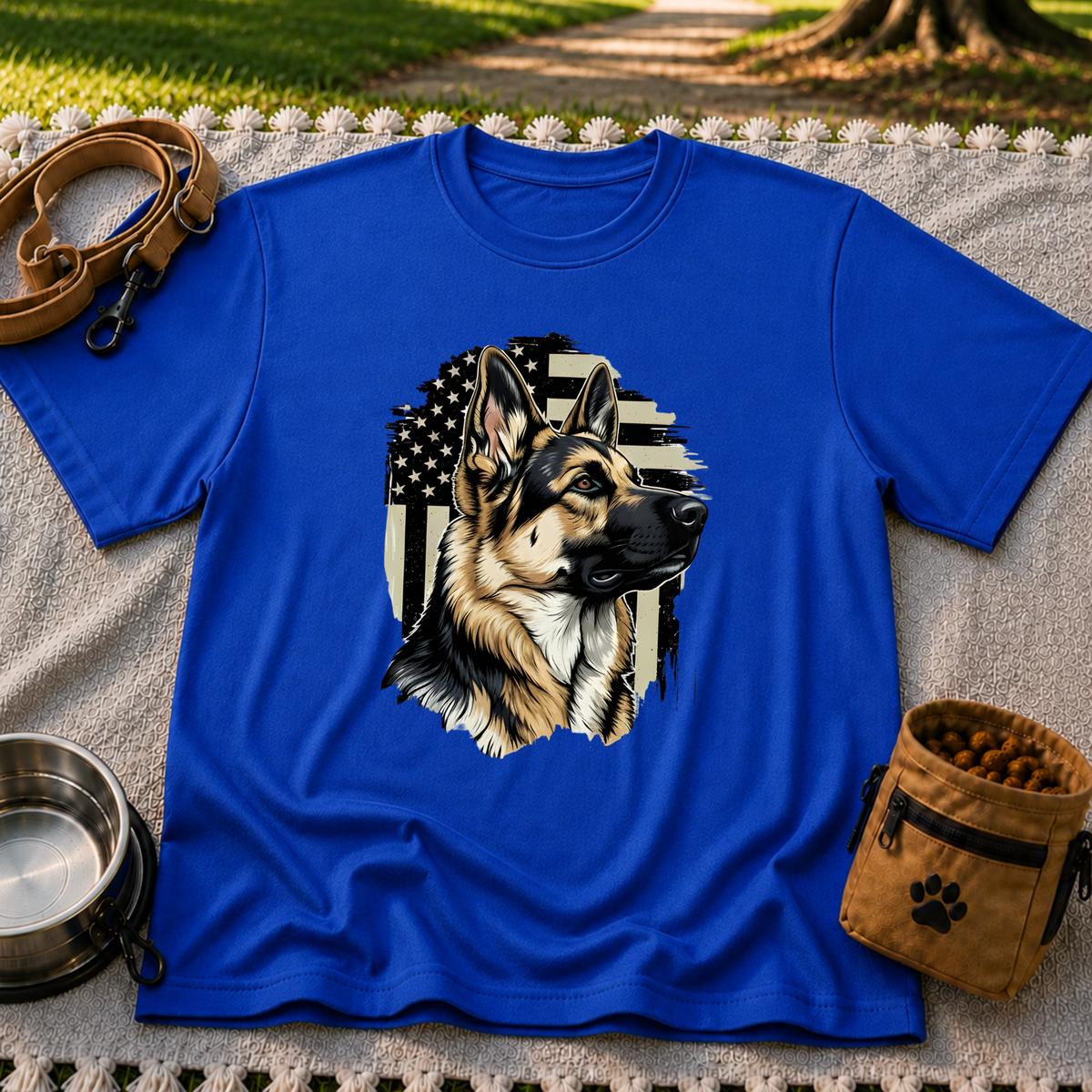 German Shepherd American Flag design on a Royal T-shirt.