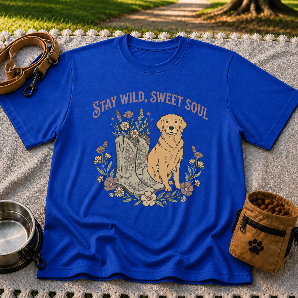 Royal T-shirt mockup featuring golden-coated dog beside floral cowboy boots and flowers beneath Stay Wild Sweet Soul.