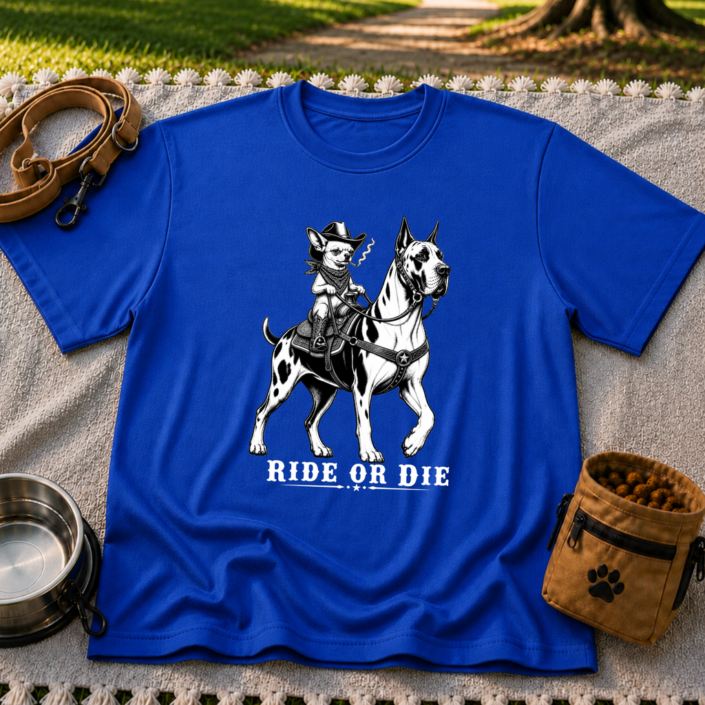 Royal T-shirt mockup featuring cowboy-hat Chihuahua riding a Great Dane above Ride or Die lettering.