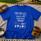 Royal T-shirt mockup featuring Canis Lupus Familiaris and Dog lettering in an infographic with small canine drawings.