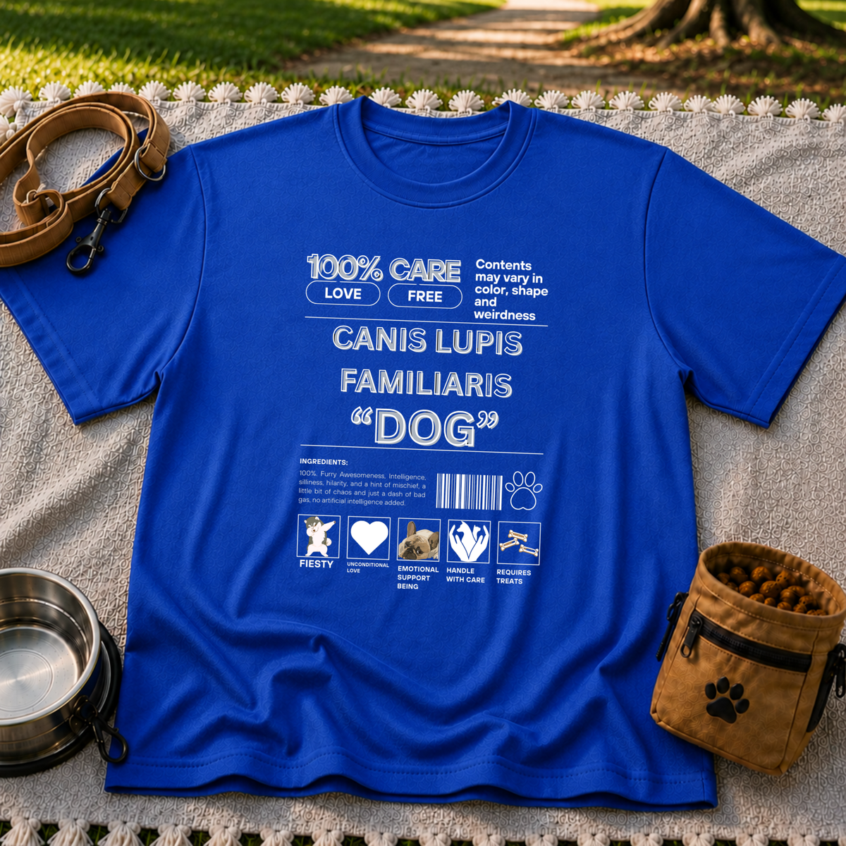 Royal T-shirt mockup featuring Canis Lupus Familiaris and Dog lettering in an infographic with small canine drawings.