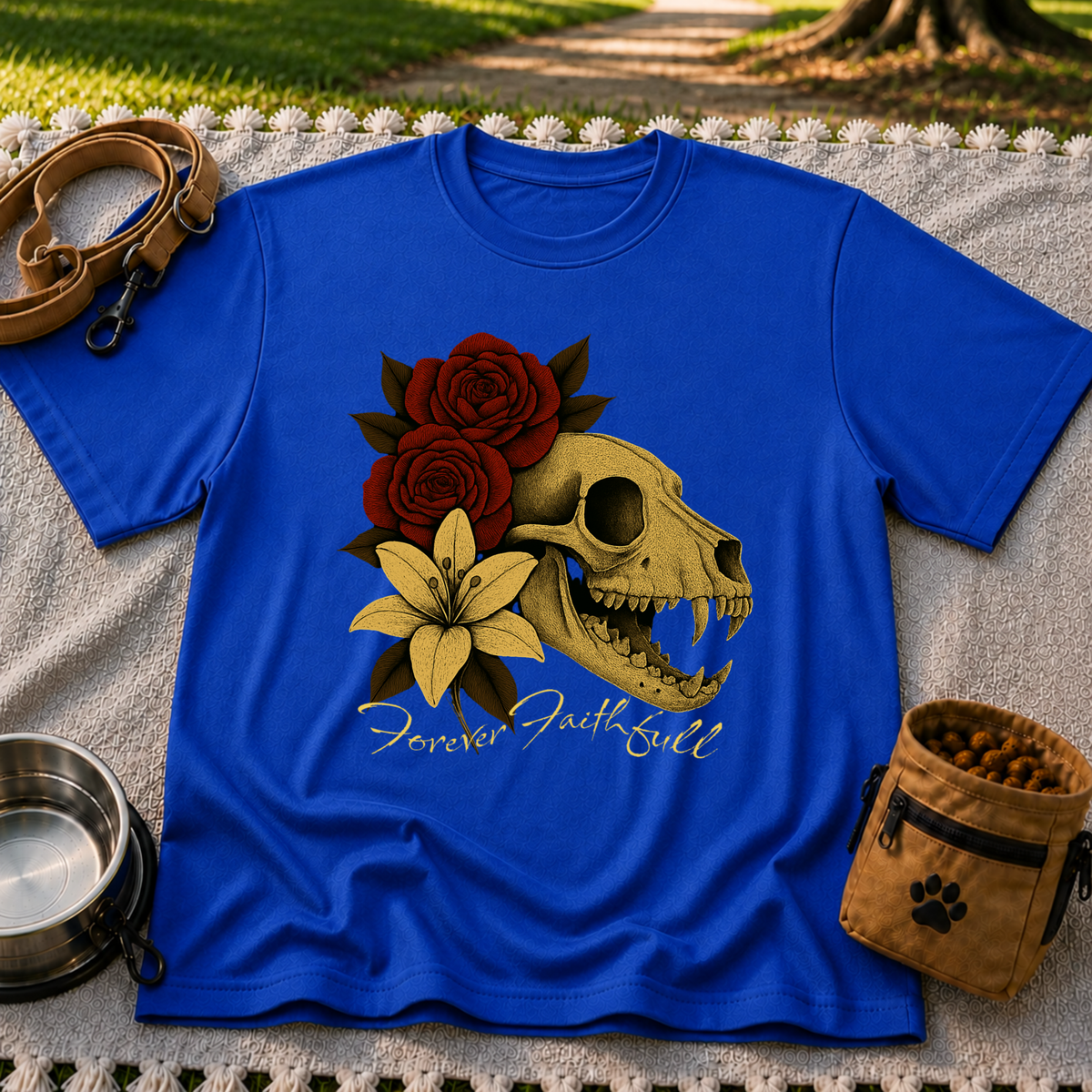 a dog skull with roses and the words “Forever Faithful”. On a Royal T-shirt.