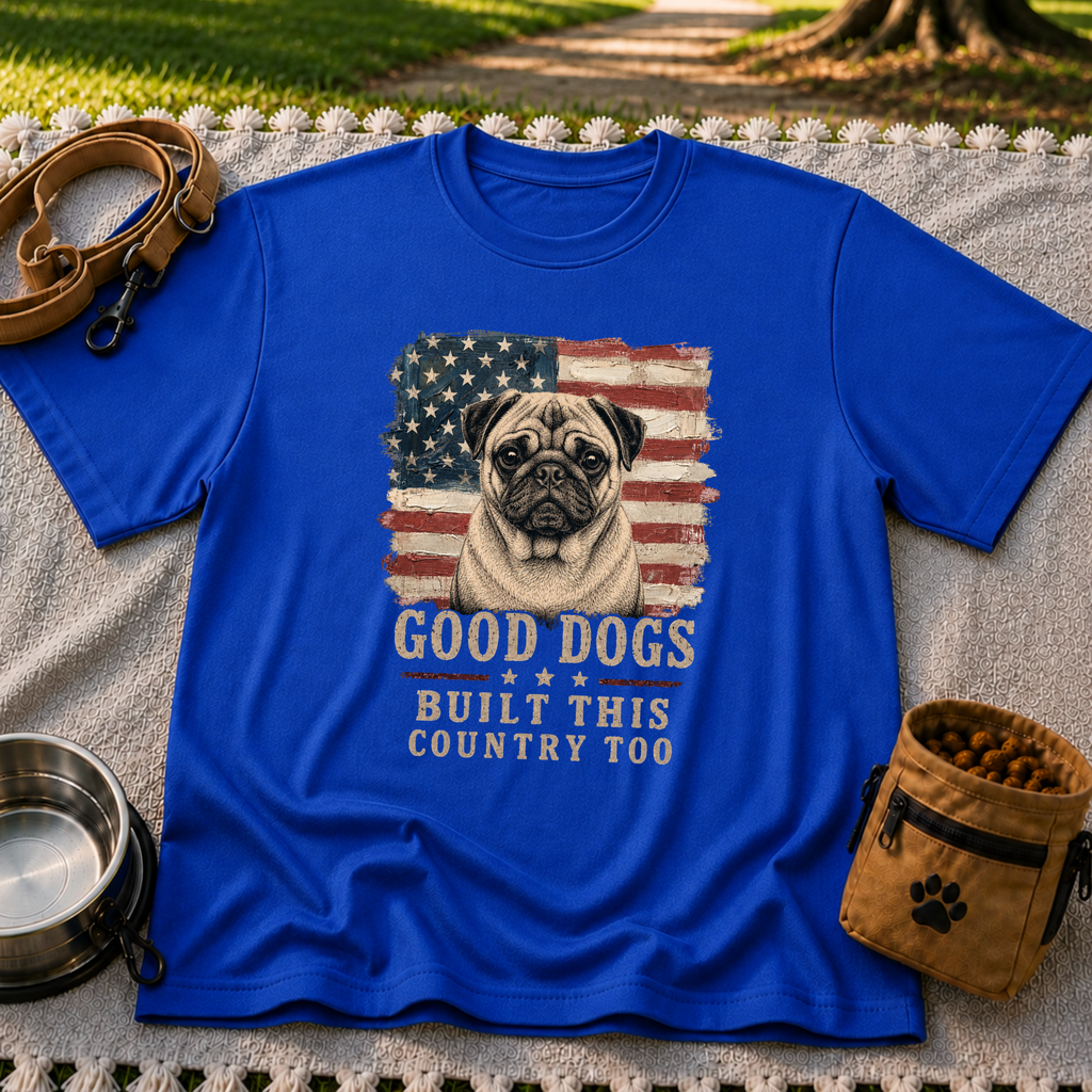 Royal T-shirt mockup featuring pug portrait against a distressed American flag with patriotic lettering.