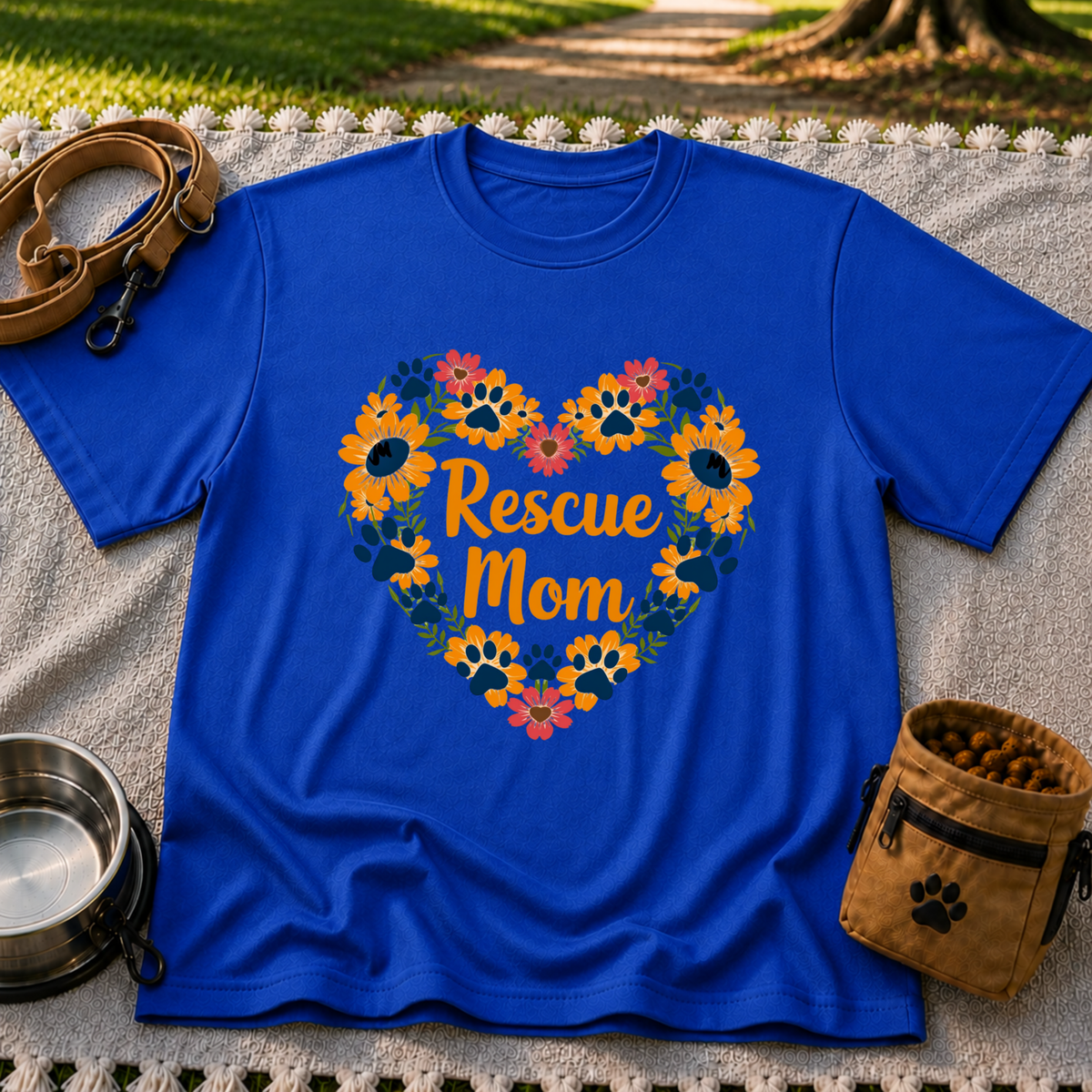 Rescue Mom Floral Paw design on a Royal T-shirt.