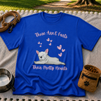 Royal T-shirt mockup featuring reclining French Bulldog surrounded by pink hearts and the Pretty Hearts joke.