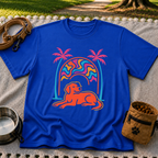 Psychedelic Dog Palm Trees design on a Royal T-shirt.