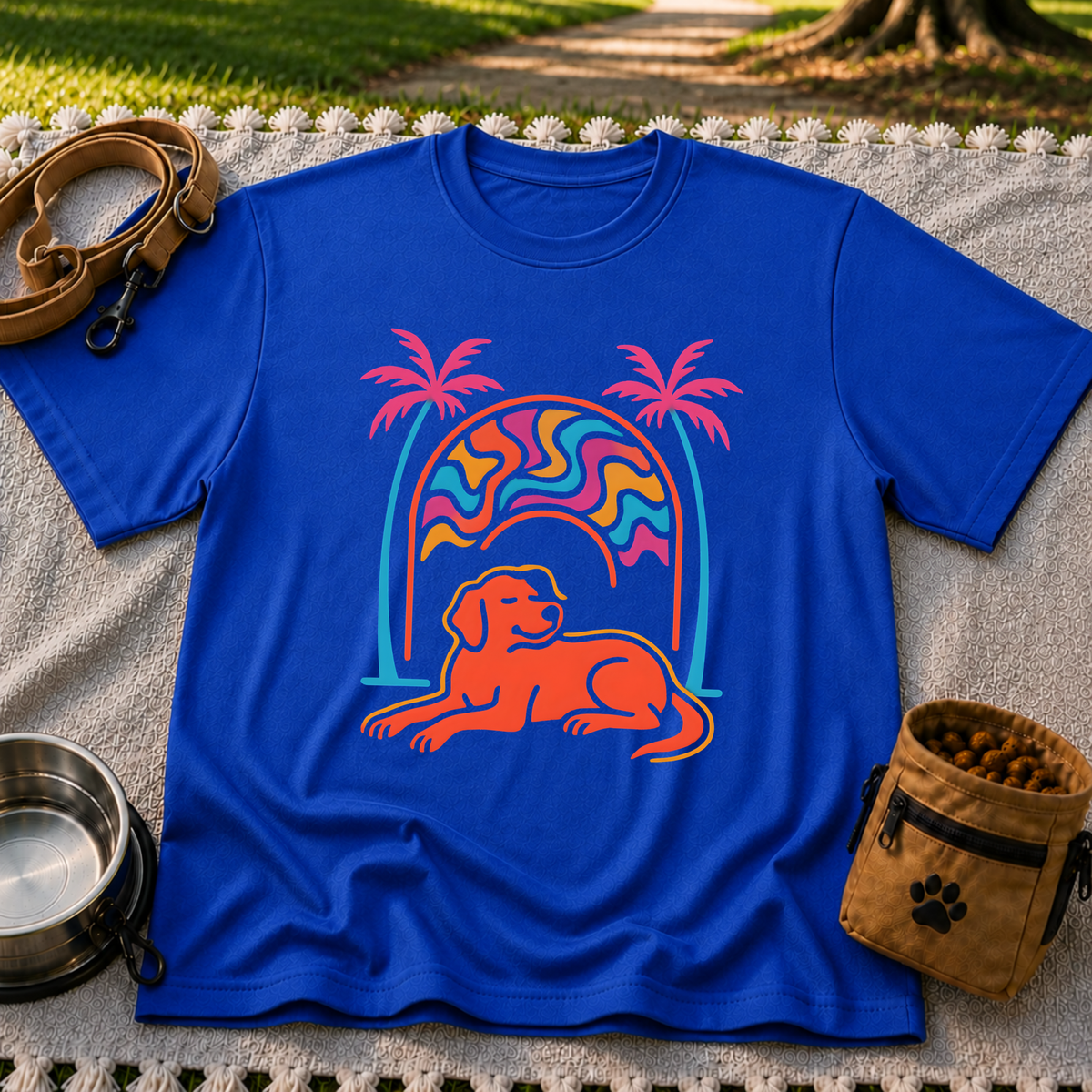 Psychedelic Dog Palm Trees design on a Royal T-shirt.