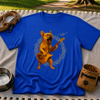 Rocking French Bulldog Guitar artwork on a Royal T-shirt.