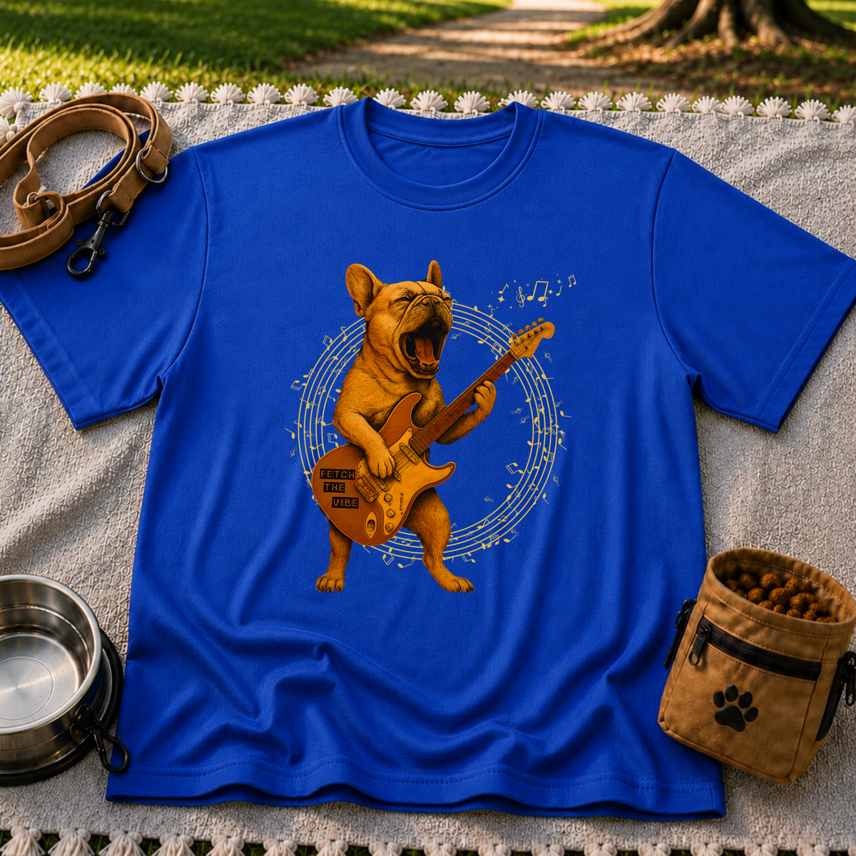 Rocking French Bulldog Guitar artwork on a Royal T-shirt.