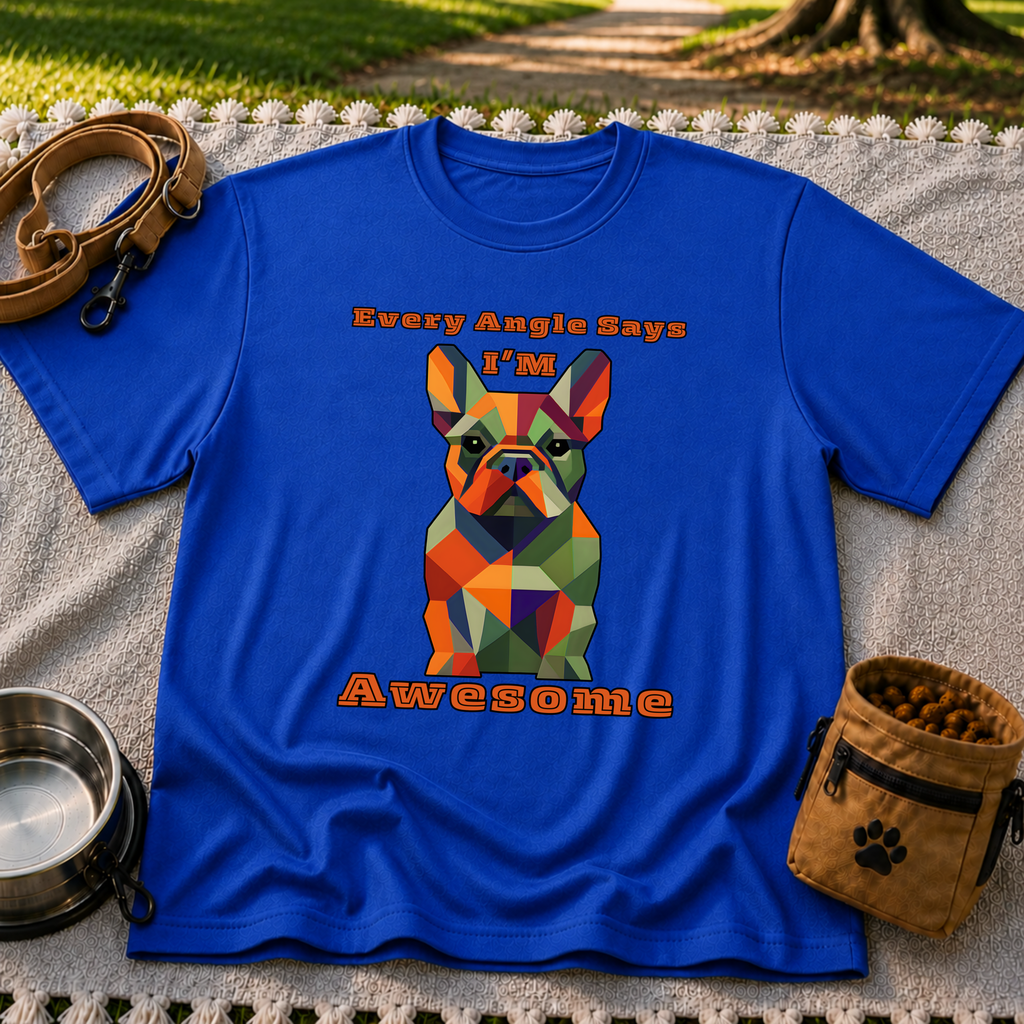 Royal T-shirt mockup featuring faceted multicolor French Bulldog portrait with Every Angle Says I’m Awesome lettering.