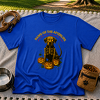 Paws of the Afterlife Labrador Skeleton Halloween design on a Royal T-shirt.