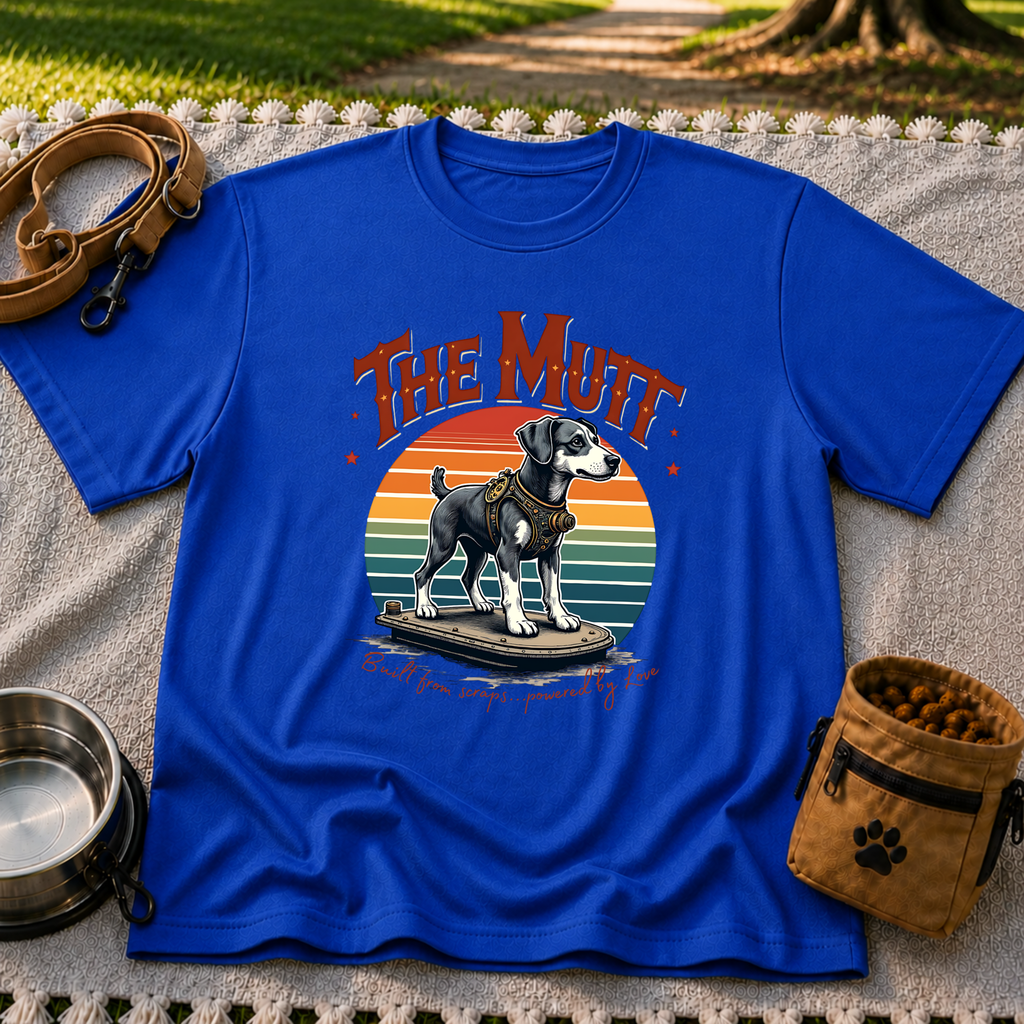 a mixed-breed dog above a “built from scraps, powered by love” sentiment. On a Royal T-shirt.