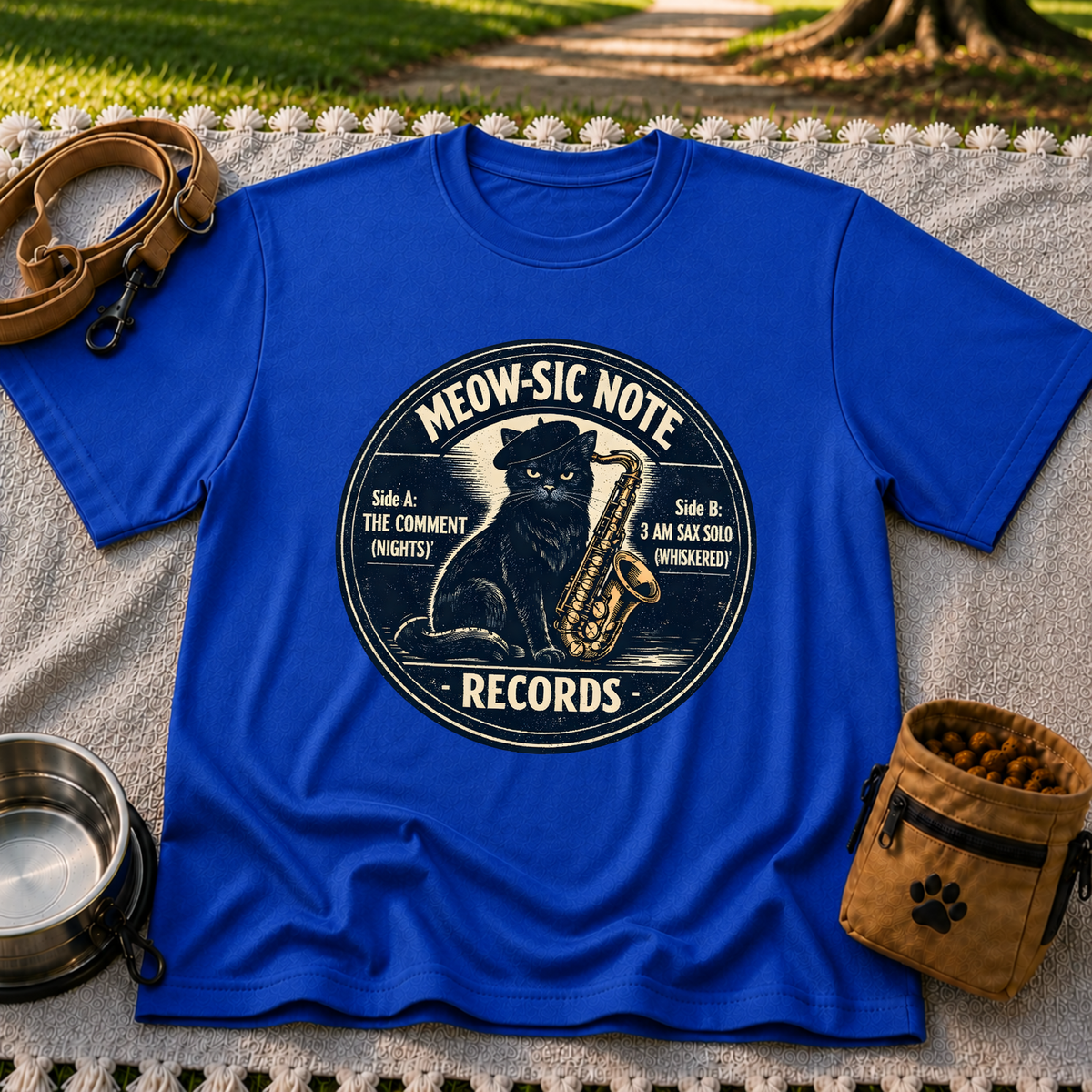 Royal T-shirt mockup featuring black cat beside a saxophone on a round Meow-sic Note Records label.