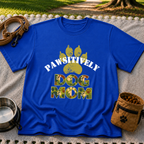 “Pawsitively Dog Mom” lettering in a camouflage treatment. On a Royal T-shirt.