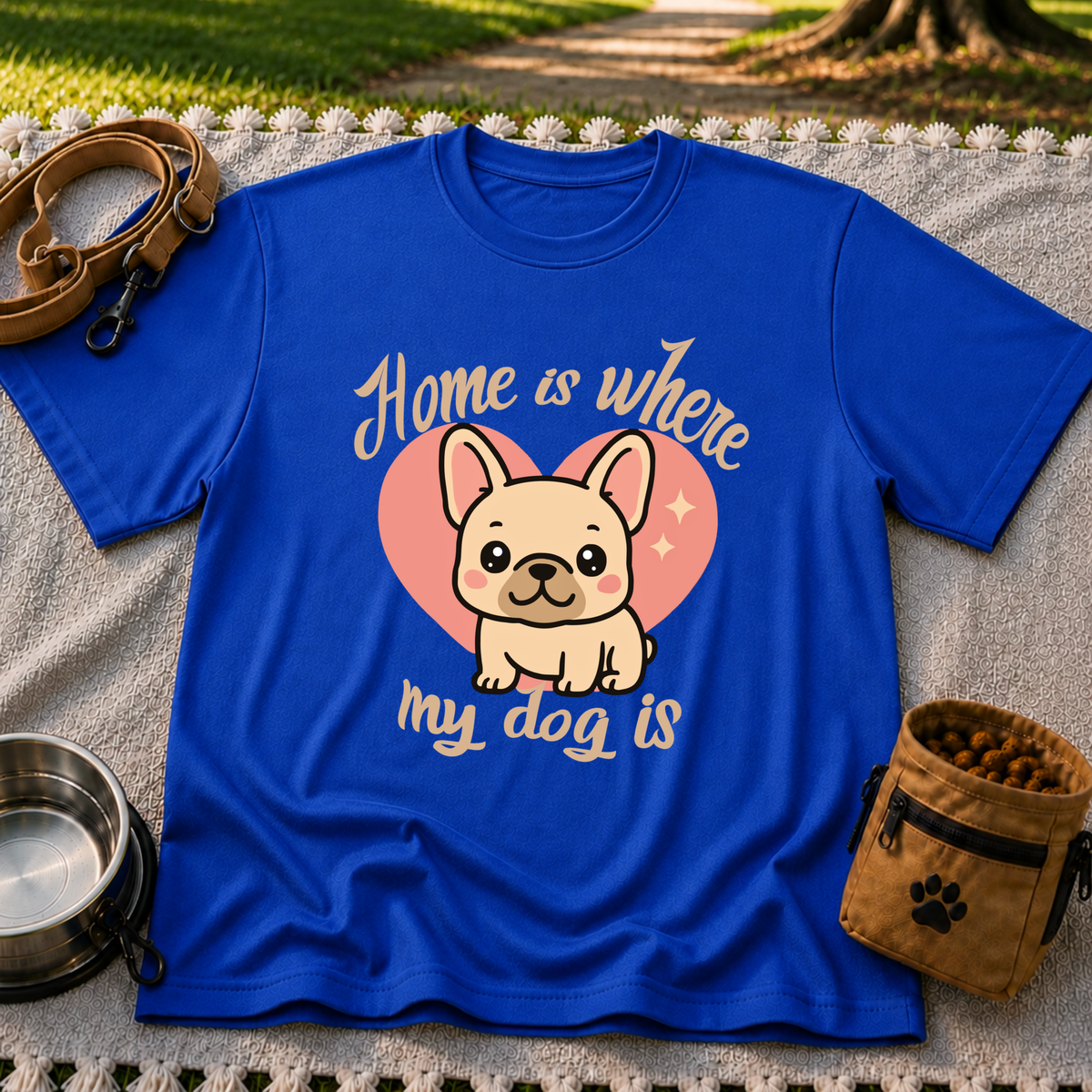 Home Is Where My Dog Is Frenchie Dog design on a Royal T-shirt.