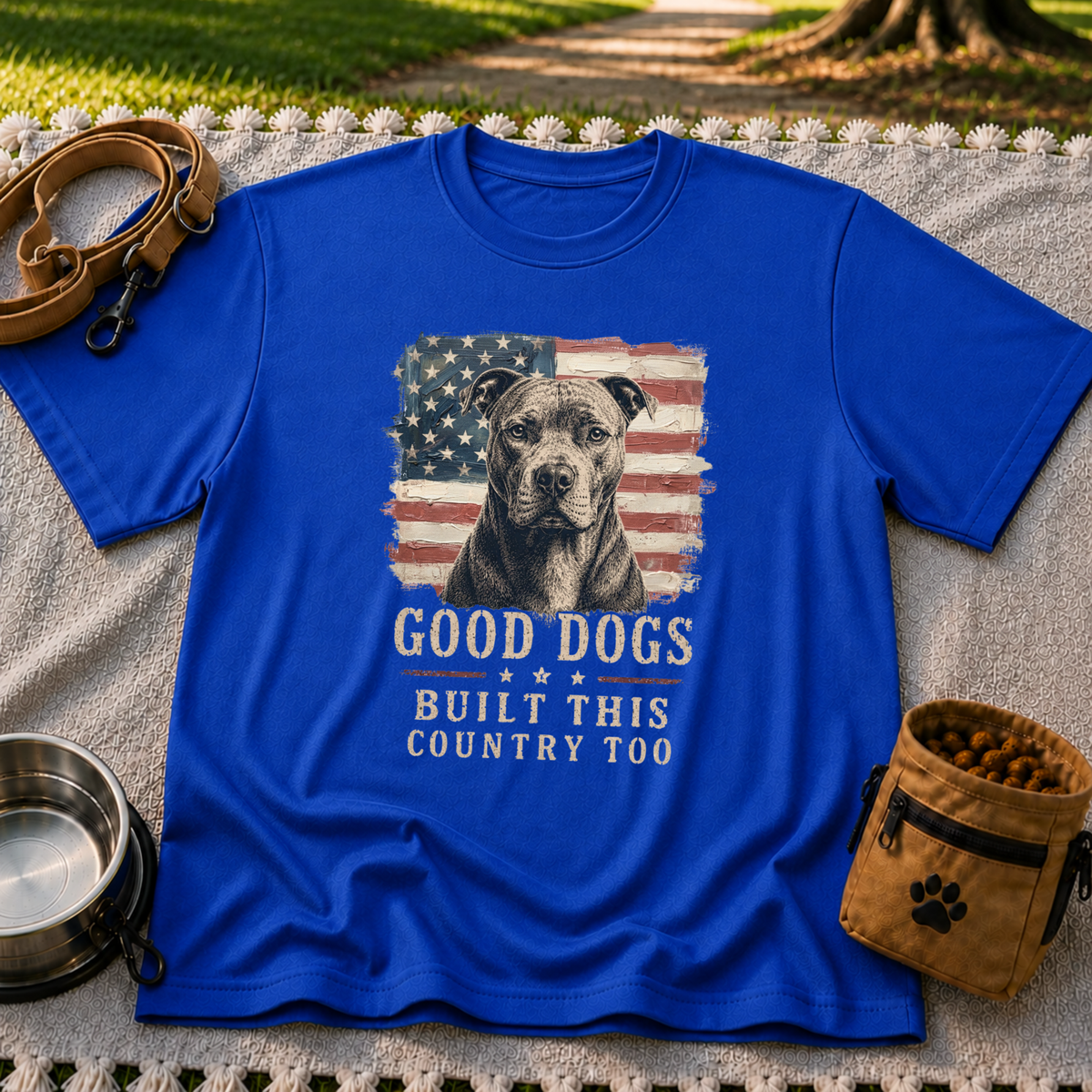 Royal T-shirt mockup featuring pit bull portrait in front of a weathered American flag.