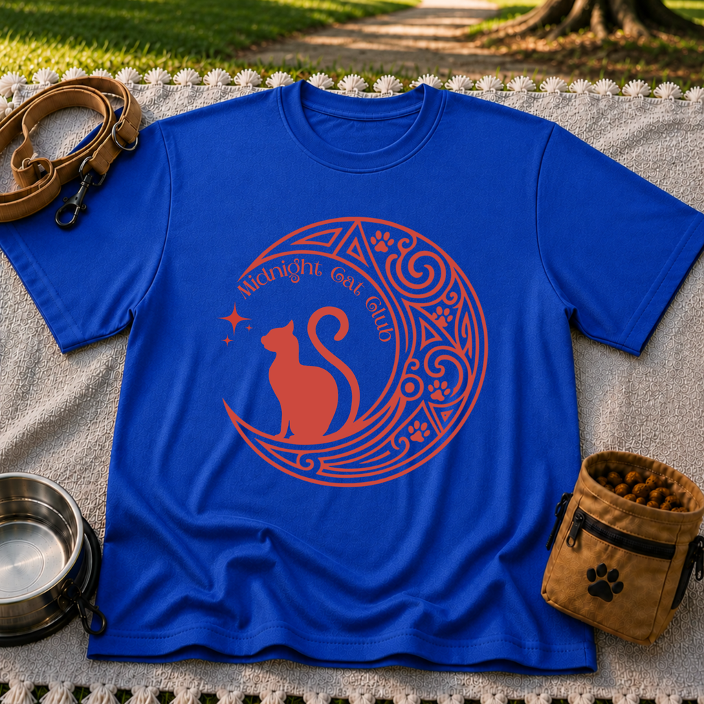 Midnight Cat Club Moon artwork on a Royal T-shirt.