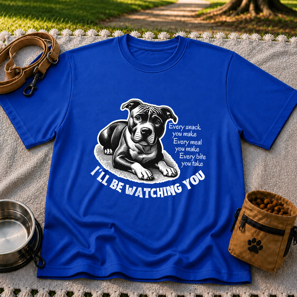 a watchful dog paired with a line about keeping an eye on you. On a Royal T-shirt.
