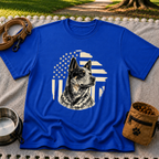 Royal T-shirt mockup featuring Blue Heeler portrait with a weathered American flag and stars.