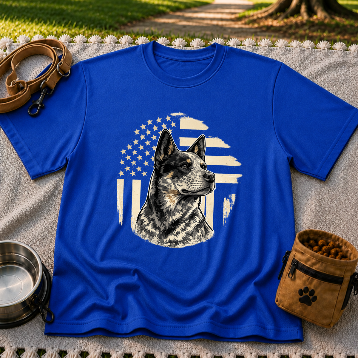 Royal T-shirt mockup featuring Blue Heeler portrait with a weathered American flag and stars.