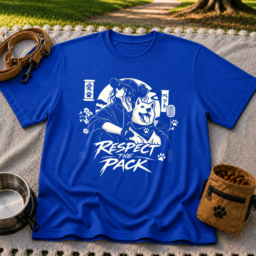 Royal T-shirt mockup featuring illustrated dog beside stylized lettering that reads Respect the Pack.